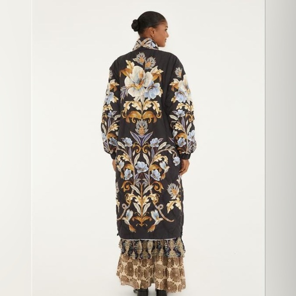 Farm Rio: Black Flowerful Snake Garden Reversible Maxi Puffer Jacket - Picture 7 of 14
